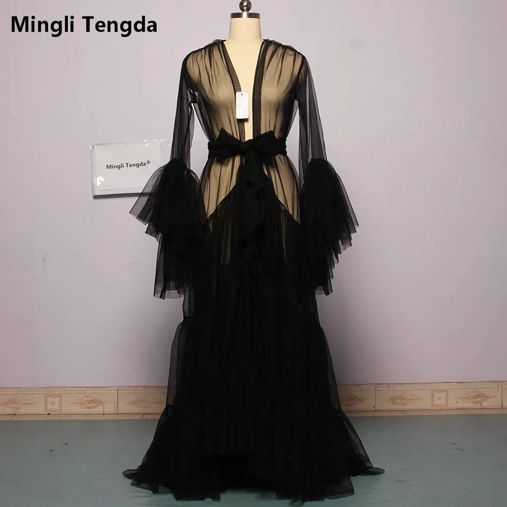 Свадебные фотосессия халат, для невесты, с фатиновой юбкой Иллюзия пикантные длинными рукавами с оборками, костюмы индивидуальный заказ mingli Tengda - Цвет: Черный