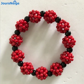 

Wholesale Hand Waved Red Coral Bracelets with 6mm Black Round Beads Crystal Bracelet Beauty for Women Girl Gift Fashion Jewelry