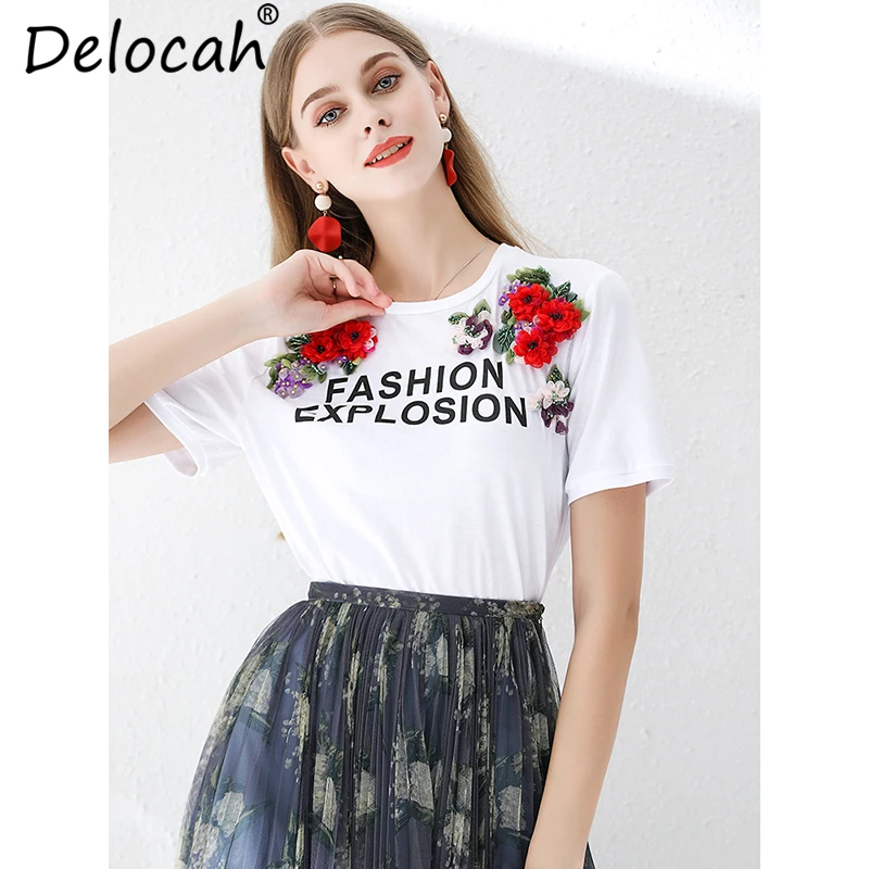 Delocah Женская летняя футболка модный Дизайнерский Костюм короткий рукав Цветочная аппликация элегантные повседневные хлопковые белые топы