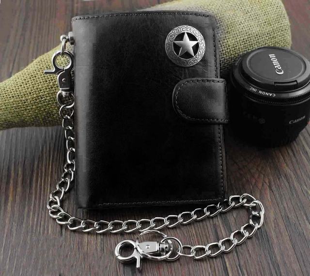 Vintage Men’s Genuine Leather Trifold Wallet Coins Purse with Metal Key Chain Coffee/Black