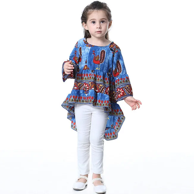 

Girls Dress 2019 New Spring England Style Girls Clothes Three Quarter Sleeve Cartoon Peacork Animals Graffiti for Kids Dresses