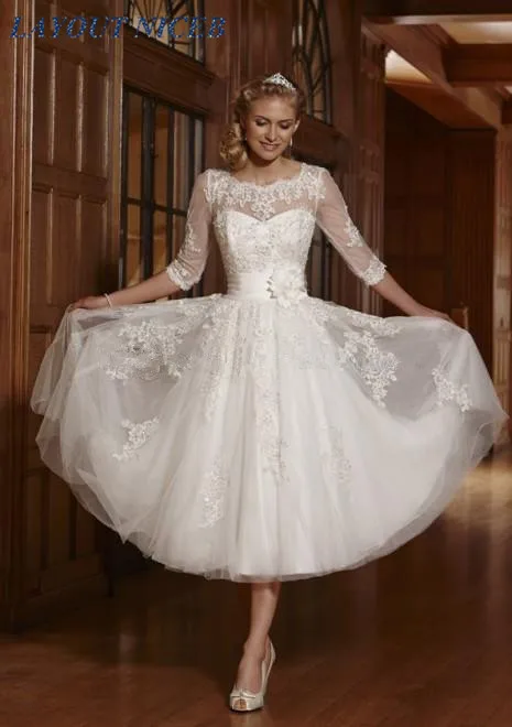 

Tea-length vestidos de novia Lace Appliques Short Wedding Dress Half Sleeve Cheap Wedding Gowns robe de mariee Bride Dress