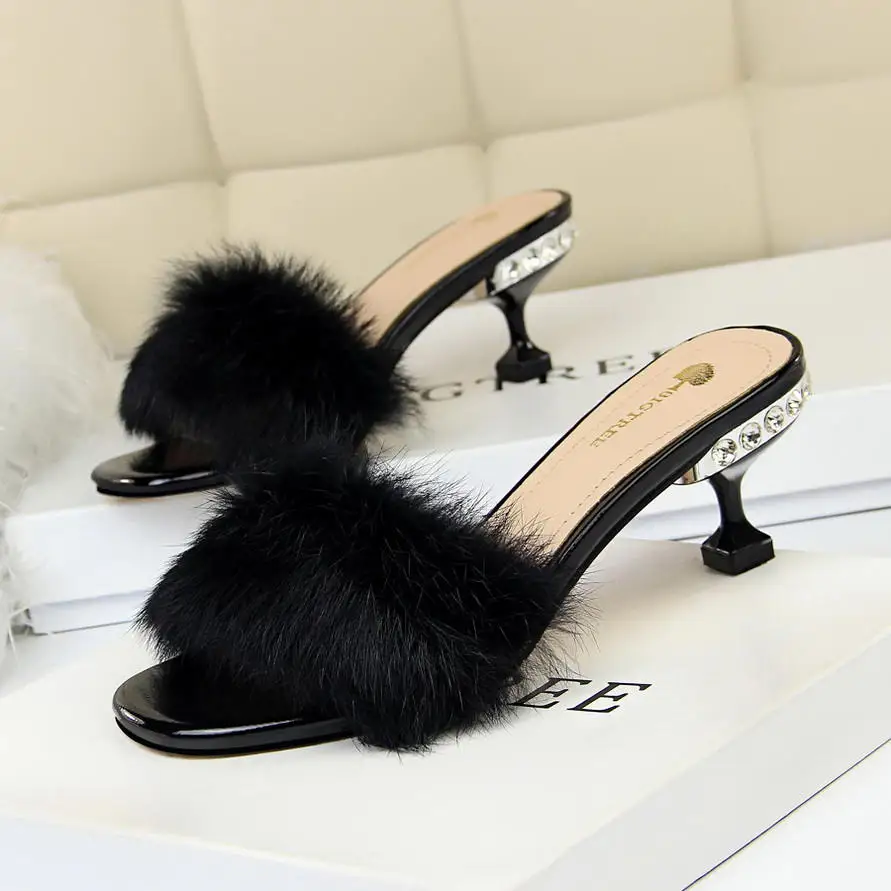 

EOEODOIT 2019 Summer Leather Fur Slippers High Stiletto Crystal Heels Open Toe Fashion Pumps Sandals Women 2019 New Arrival