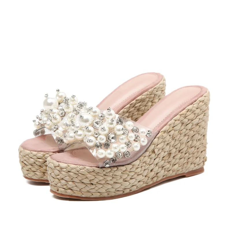 White Pearls Rope Braided Platform Sandal Sexy Sting Bead Wedge Sandals