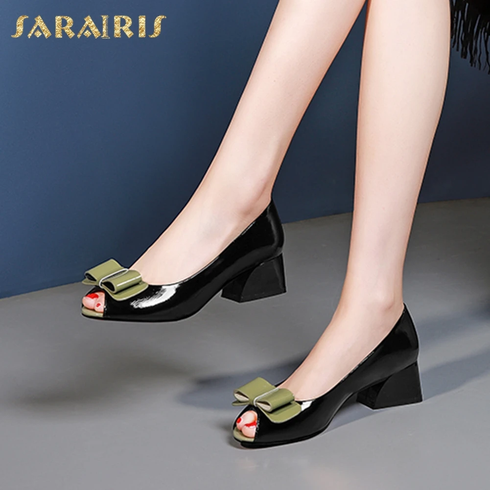 

SARAIRIS Genuine Leather Hot Sale Classics Pumps Woman Shoes Peep Toe Sweet Bowtie Slip On Chunky Heels Chic Shoes Woman Pumps