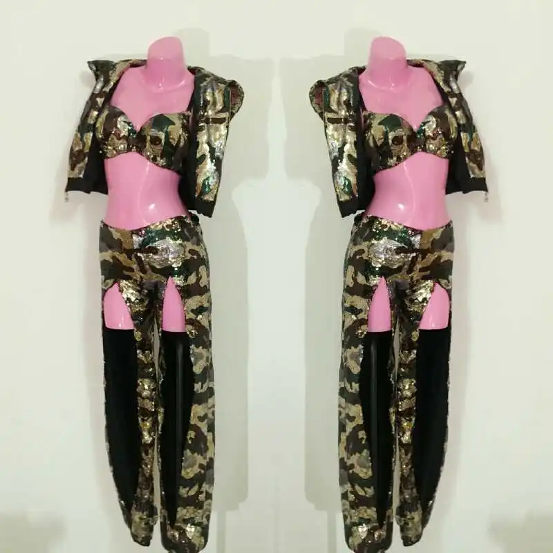 

Plus Size Uniform Cosplay Sequins Outfit Stage Costume 3 Piece Set Performance Camouflage Jacket Pants Bra Show Dance Wear
