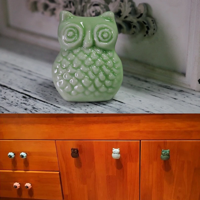 Light Green Cartoon Owl Handle Cabinet Cupboard Drawer Ceramic