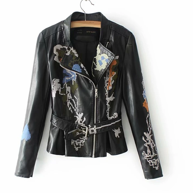 Embroidered Leather Jacket Female 2019 Spring And Autumn Fashion New Heavy Embroidery Long-Sleeved Belt H00596 | Женская одежда