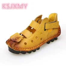 Новинка года; Лидер продаж; Новые Летние кожаные туфли на плоской подошве с мягкой подошвой; повседневные женские сандалии в винтажном стиле; сандалии ручной работы