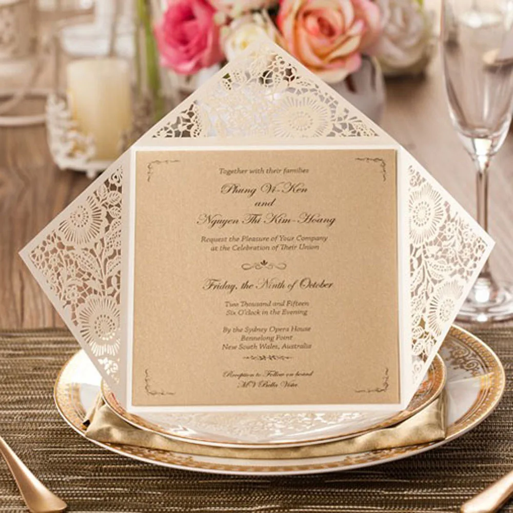 Free Shipping 10pcs Lot Design Rustic Gold Wedding Invitations Laser Cut Invitation Cards With Insert Paper Blank Card Envelope In From Free Shipping 10pcs Lot Design Rustic Gold Wedding Invitations Laser Cut Invitation Cards With Insert Paper Blank Card Envelope In From