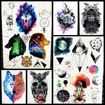 

Watercolor Wolf Lion Tiger Temporary Tattoo Mountain Serengeti Men Body Arm Art Geometric Water Transfer Tattoo Stickers GLZ-410