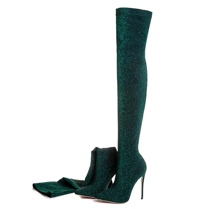 Hiver Le Femmes Pour Mode De Longues Gilola Chaussures Bling Cm wine Genou pourpre Y0309130q Noir Automne Bottes Noir bleu Femme Hauts or Sur argent Red vert Talons 12 vvYqaP6