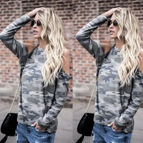 

Women'S Off-Shoulder Casual Floral Long Sleeve Shirt Blouse Loose Tops Long Sleeve New Hot Camouflage Blusas