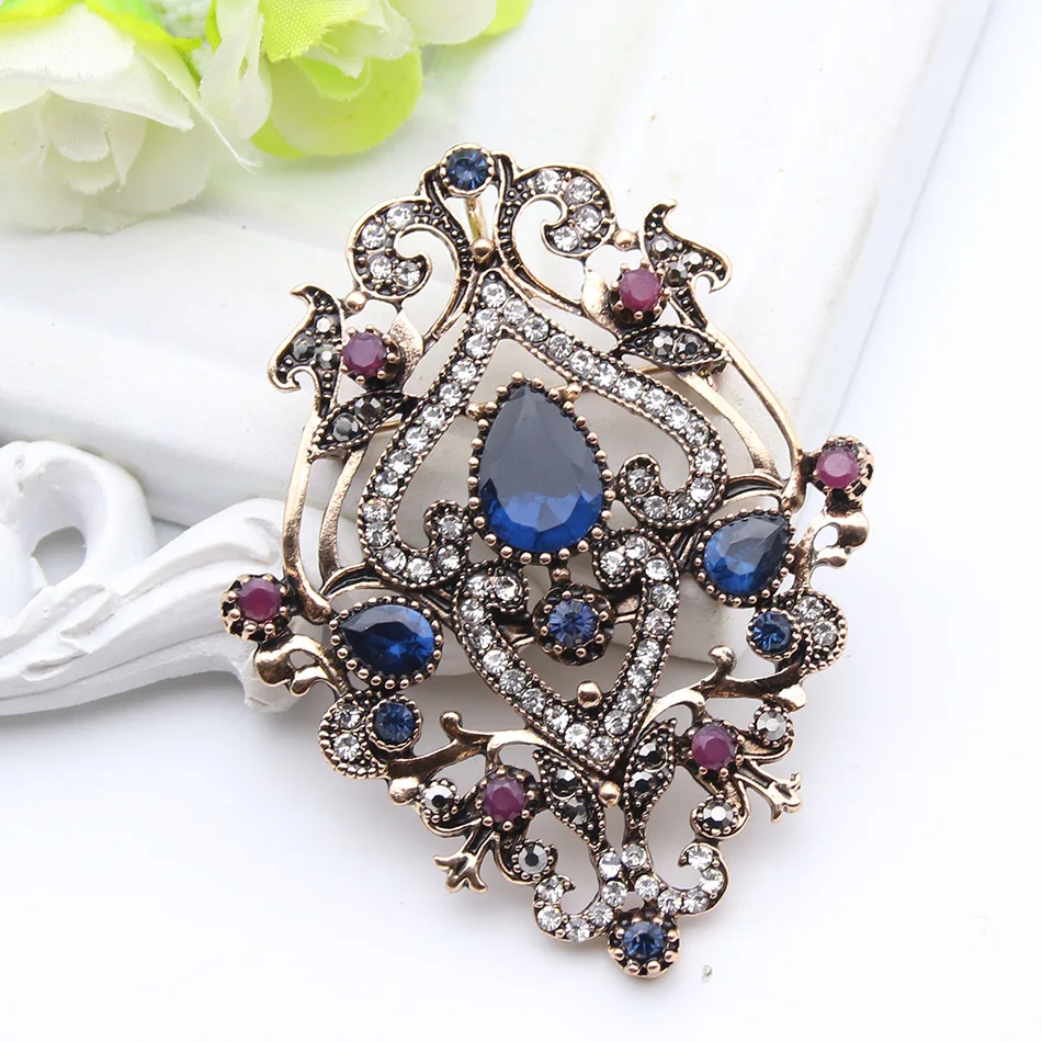 Ethnic Turkish Brooch For Women Antique Gold Color Flower Resin Broches