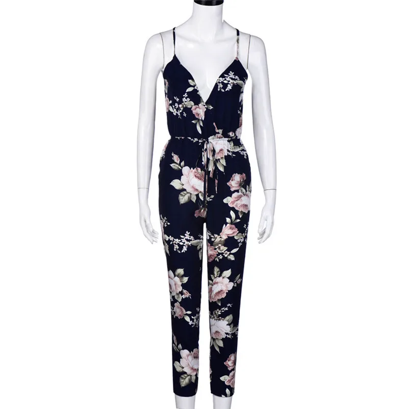 Fashion summer jumpsuit woman 2018 Backless Jumpsuit Sleeveless V-Neck Floral Printed Playsuit Party pantaloni siamesi A03#N (4)