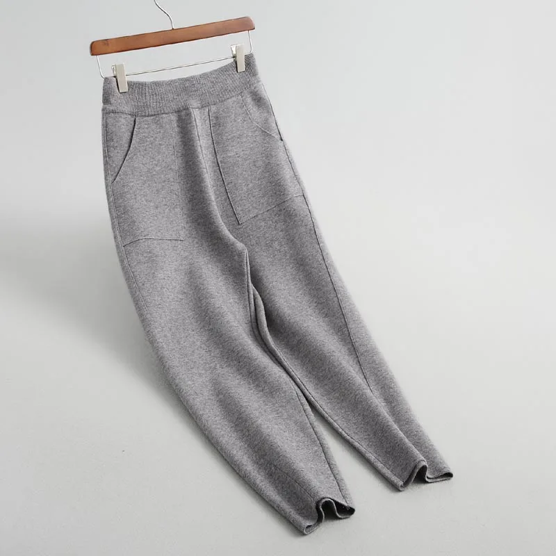 

J1971 Women Brief Solid Color Double Pockets High Waist Sweater Pants Ladies Elegant Autumn Winter Warm Knitwear Trousers