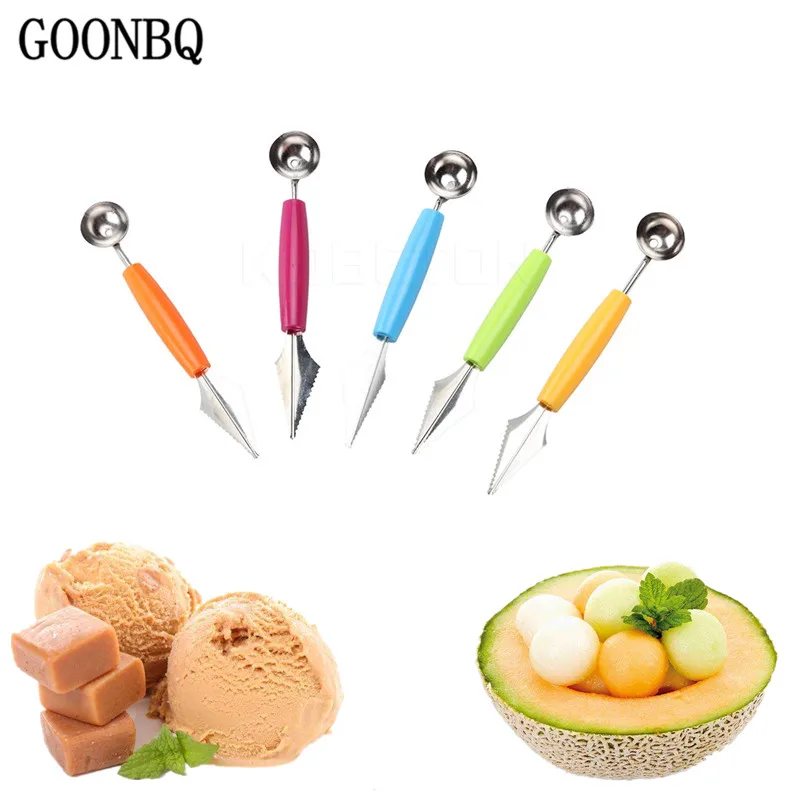 GOONBQ 1 pc 2 in 1 Fruit Dig Ball Scoop Stainless Steel Melon Fruit Carving Knife DIY Fruits