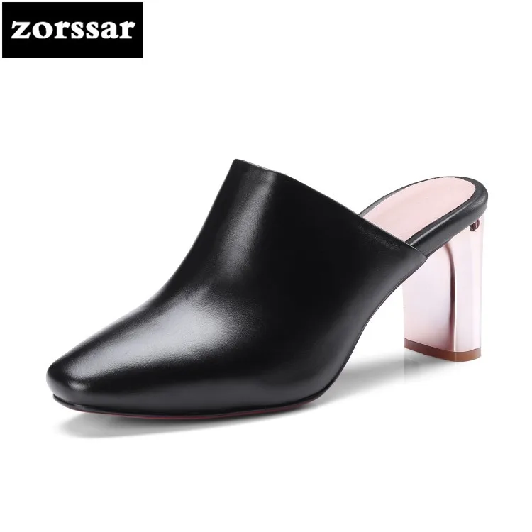 

{Zorssar} 2018 New Arrival Summer women mules shoes Genuine Leather High heels slippers sandals Women Slides Female Footwear