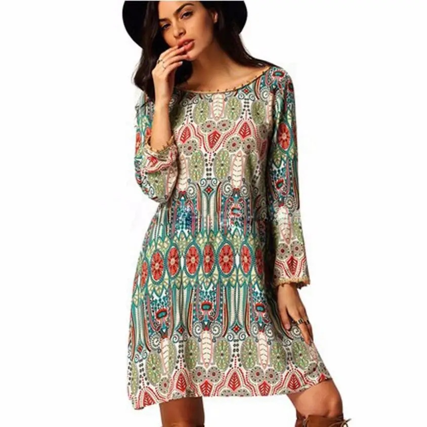 

National Wind Dresses Women Vintage Floral Printed Mini Beach Dress Ladies Long Sleeve Casual Loose BOHO Party Dress #YL1