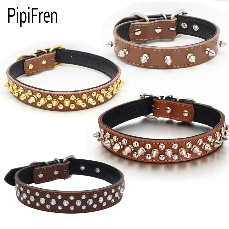 PipiFren Small Dogs Collars Cat Spiked Rhinestone For Puppy Big Dog