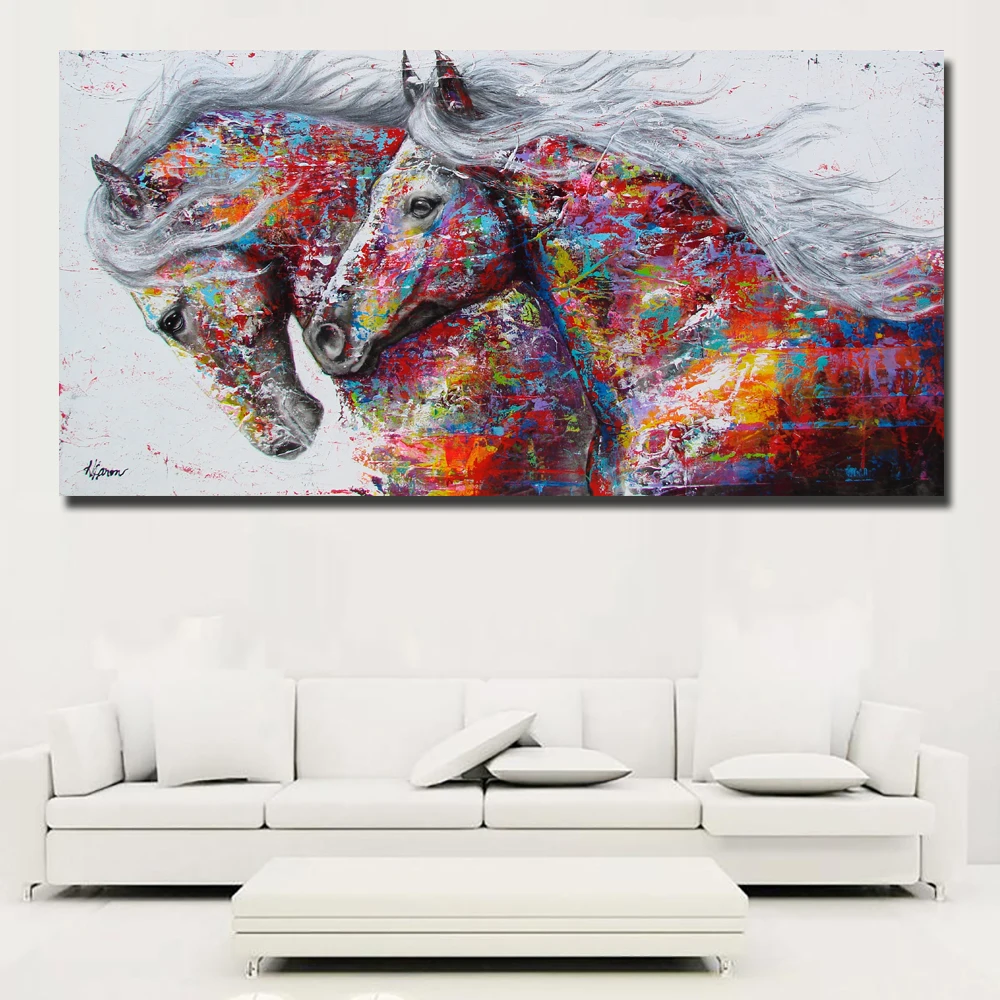 

Colorful Wall Art Print Two Running Horses Canvas Prints Painting Animal Pictures For Living Room Modern Decor