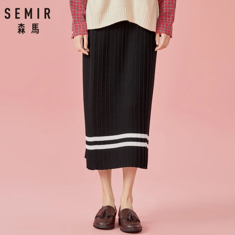 

SEMIR Women Pleated Calf-Length Rib Knit Skirt with Contrasting Stripe Lined in High Waist Ribbing at Waistband Women's Skirt