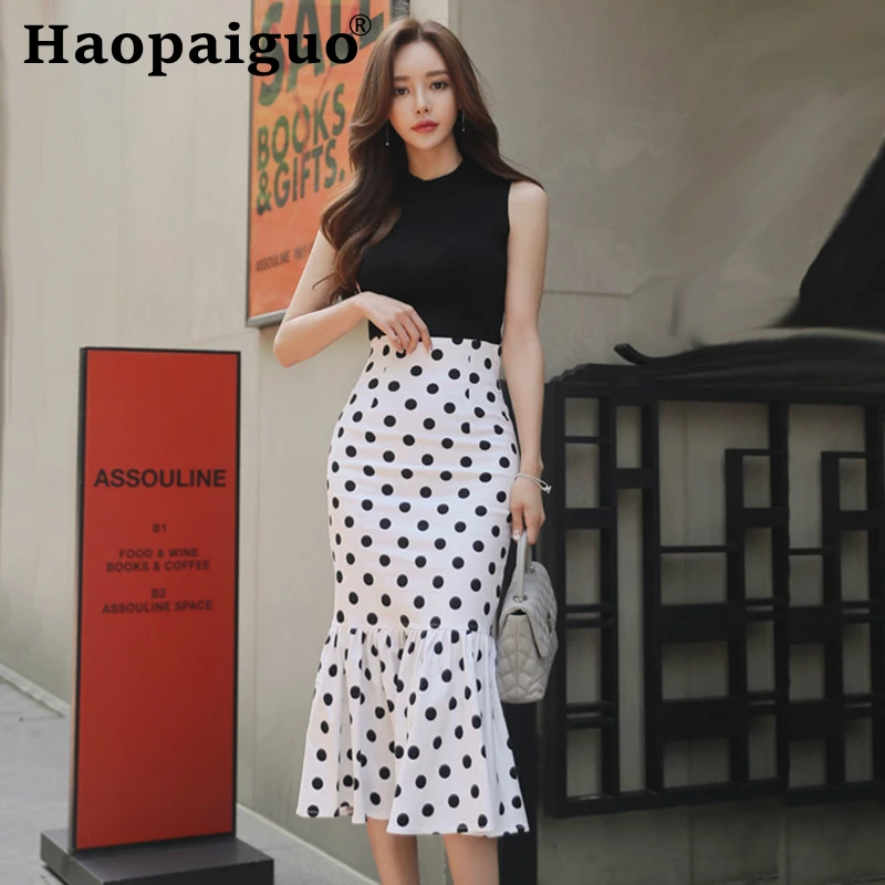 

Plus Size 2019 Summer Streetwear Casual Two Piece Set for Women Korean Sweater Blouse and Wrap Print Polka Dot Skirt 2 Piece Set