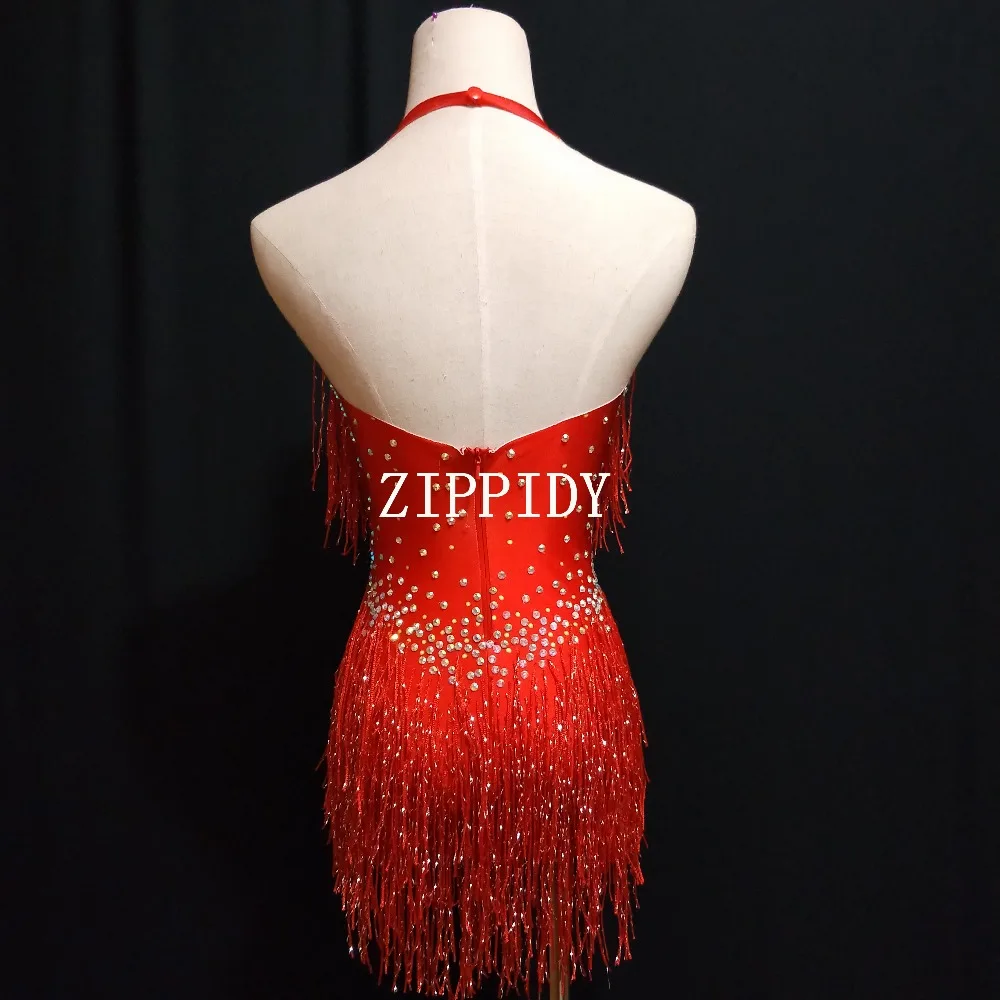 Блестящая бахрома дизайн Красный боди танцевальный костюм Женская выступление Стразы купальник певица Одежда для танцев