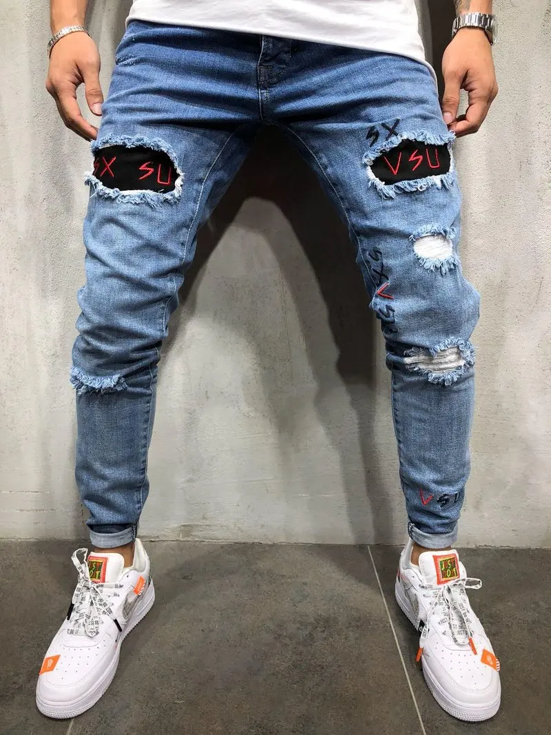 S-3XL стильные джинсы modis homme рваные джинсы байкерские узкие прямые потертые джинсы с вышивкой узкие джинсы мужские брюки