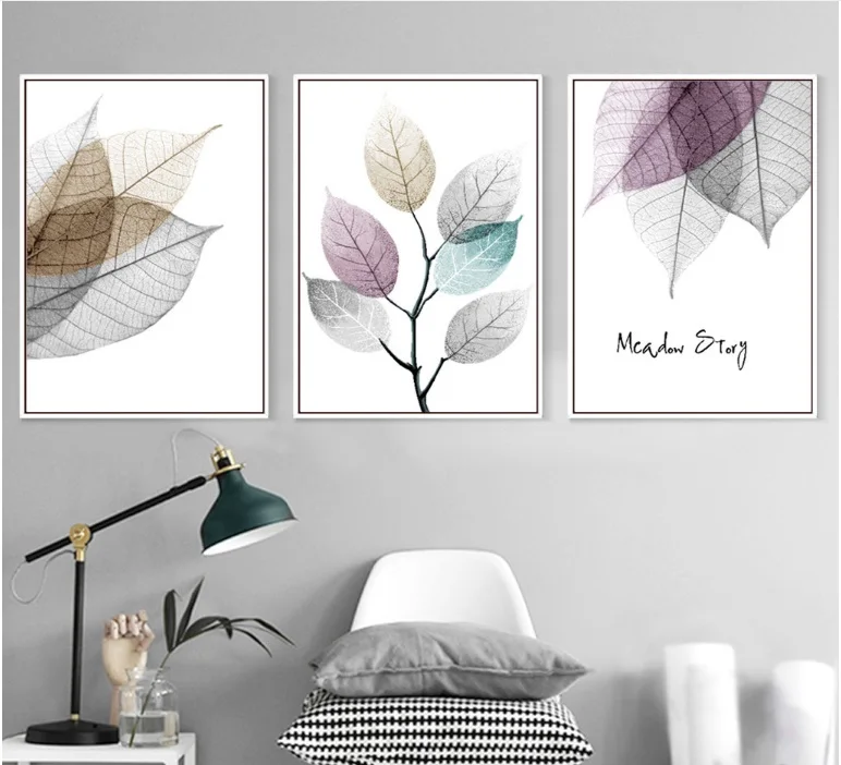 

Modern Simple Small Fresh Leave Decorative Painting Modular Picture Wall Art Canvas Painting for Living Room No Framed 3 Pieces
