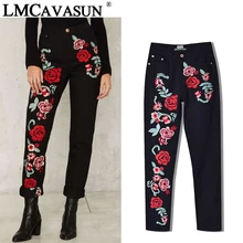 LMCAVASUN, черные женские джинсы размера плюс с вышивкой розы, весенние винтажные прямые свободные джинсовые штаны, брюки, джинсы для мам