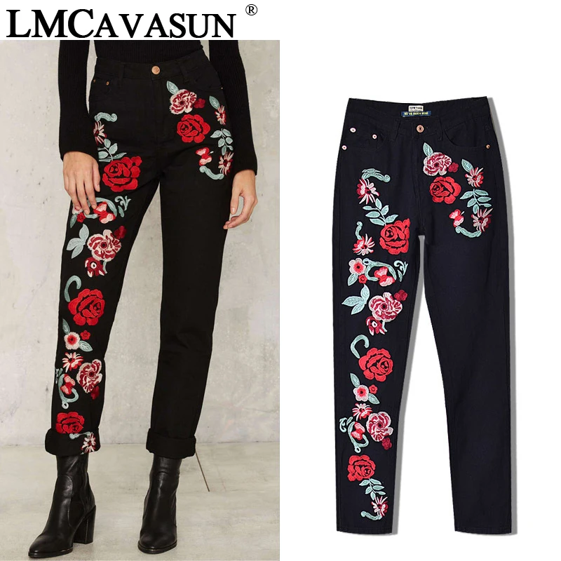 LMCAVASUN Plus Size Rose Embroidery Black Women Jeans 2017 Spring Vintage Straight Loose Denim Pants Trouses Mom Jeans