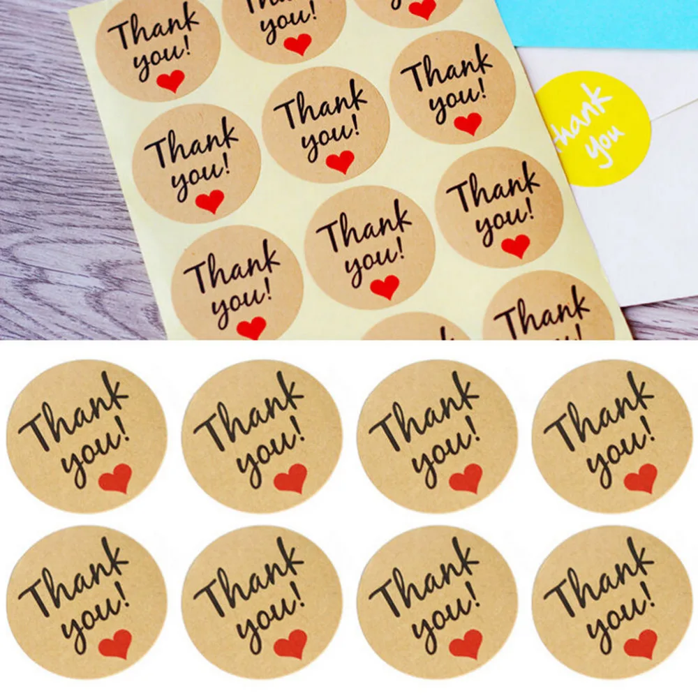 60 Pcs شكرا لك القلب جولة كرافت ورقة لواصق الختم الذاتي لاصق تسمية العلامات لمربعات الحلوى DIY اليدوية هدية منتجات الخبز