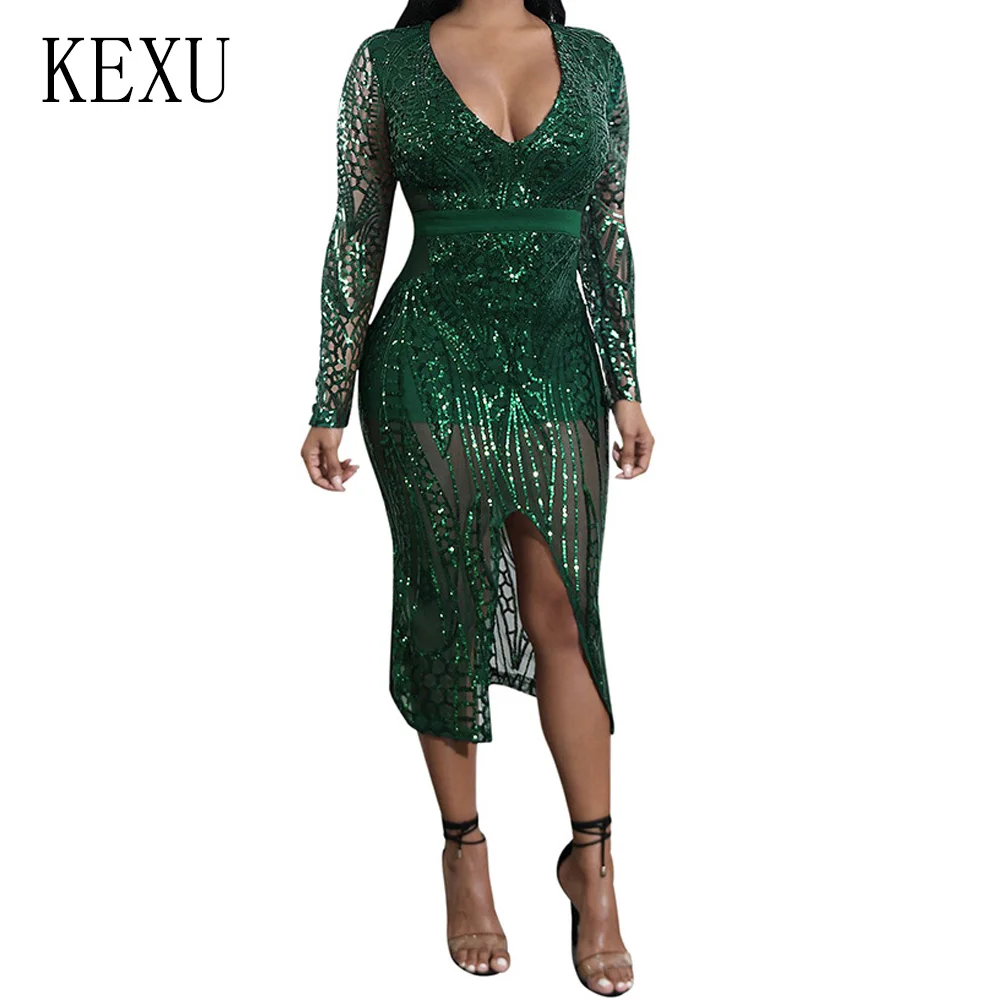 KEXU Fashion Party Club Transparent Glitter Sequin Bodycon Bandage Dress Sexy V Neck Hollow Out High Slit Slim Summer Dresses