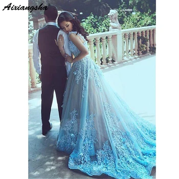 

Light Blue Muslim Evening Dresses A-line Long Sleeves Tulle Flowers Lace Formal Dubai Saudi Arabic Long Evening Gown Prom