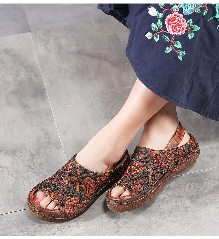 GKTINOO сандалии с тисненым цветком; женская обувь из натуральной кожи с открытым носком; женские сандалии ручной работы с эластичной лентой; повседневная женская обувь
