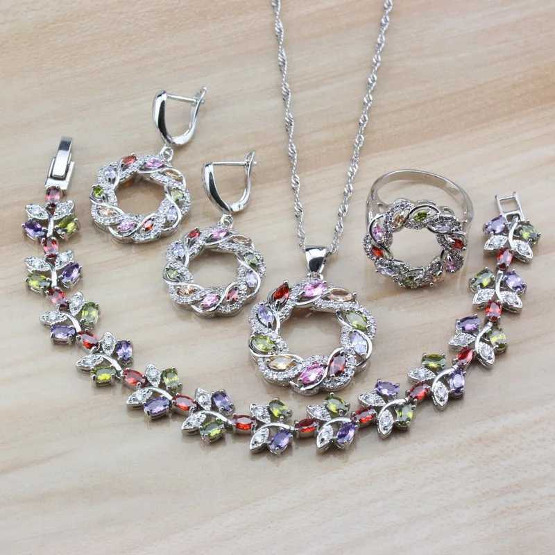 

Colorful Hollow Circle Women Wedding Costume Jewelry Sets 925 Silver Dangle Earrings/Necklace/Bracelet/Ring Handsel Jewelry Box