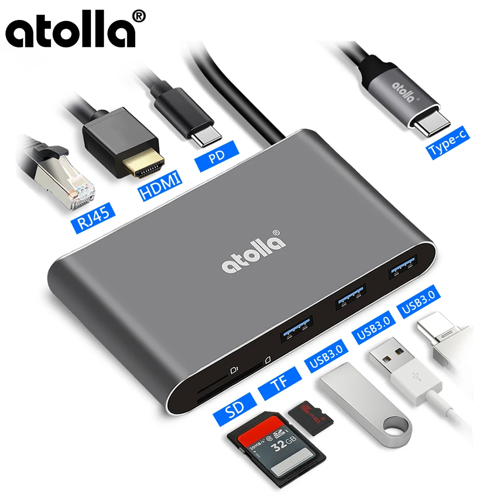 Atolla USB 3 1 концентратор 8 в C HDMI и Ethernet Алюминиевый адаптер 4K порт гигабитный SD/TF