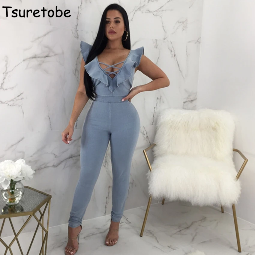 Tsuretobe Blue Ruffle Denim Jumpsuit Women Bodycon Backless Jeans