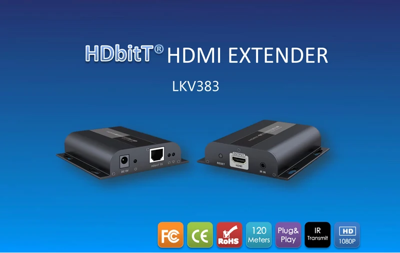 1 Отправитель+ 2 приемника) настенный HDMI удлинитель/до 120 м с ИК, LKV383 HDbitT HDMI 1080P УДЛИНИТЕЛЬ LAN повторитель по RJ45 Cat5e/Cat6