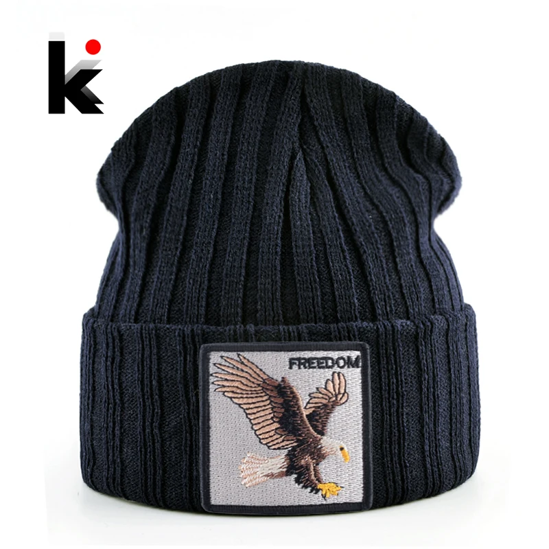 

Knitted SKullies Beanies Men Hip Hop Solid Hat With Embroidery Eagle Patch Double Layer Knit Bonnet Women Streetwear Kpop Gorras