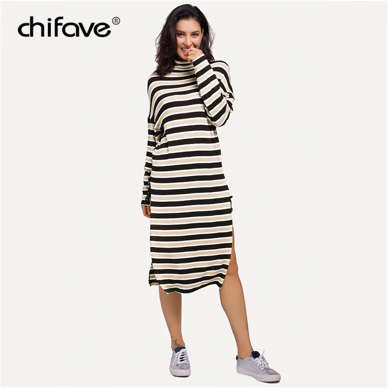 Chifave Новая осень 2018 для женщин платье макси с длинным рукавом в полоску плюс