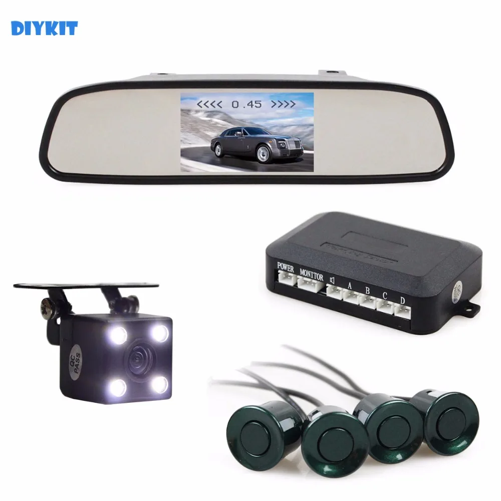 DIYKIT Video Parking Radar 4 Sensors 4.3 Inch Car Mirror Monitor + 4 x