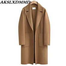 Новое осенне-зимнее женское Шерстяное Пальто, теплое свободное Женское пальто большого размера, модное Однотонное шерстяное пальто средней длины, верхняя одежда CW166
