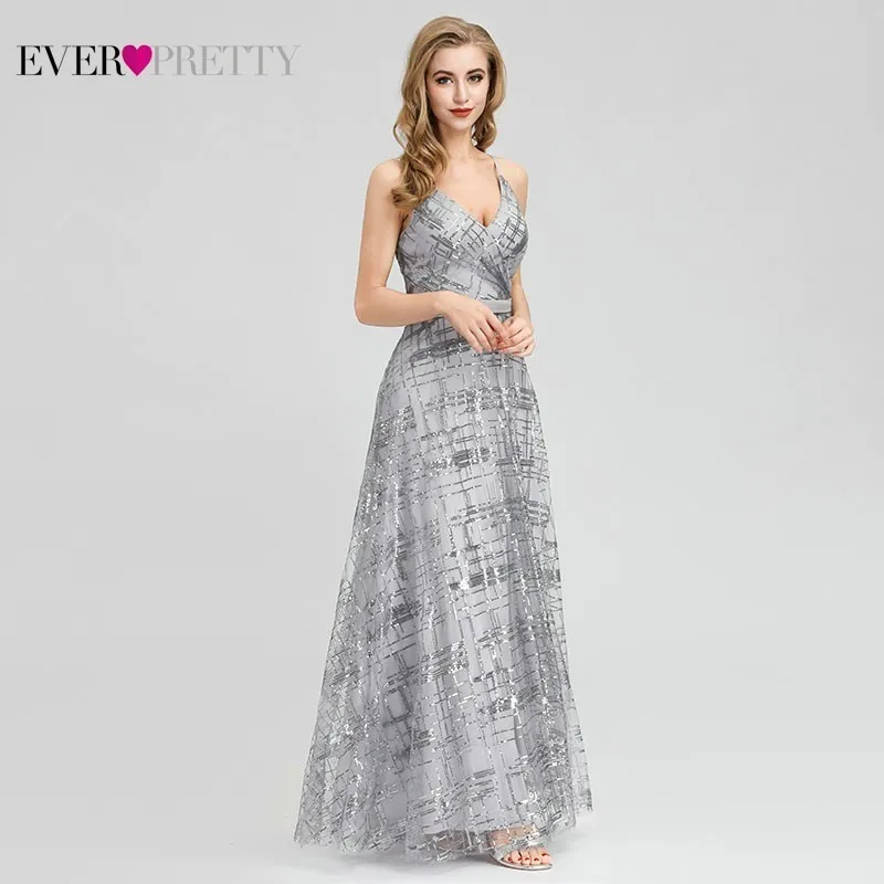 Ever Pretty/серые вечерние платья с блестками, длинные сексуальные блестящие вечерние платья с v-образным вырезом по бокам EP07957GY Abiye Gece Elbisesi