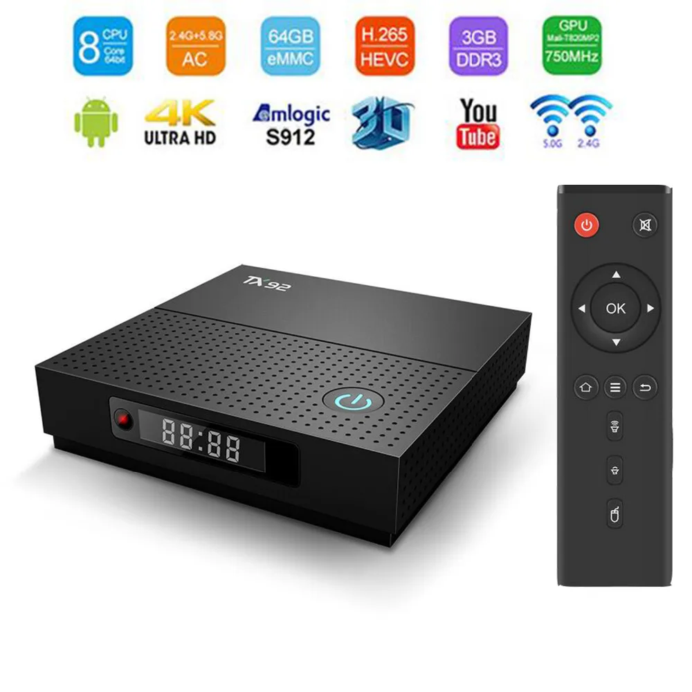 

2018 Smart TV Box Android 7.1 Amlogic S912 Quad core 3GB/32GB Dual WiFi 4K 1000M TV Box HD Media Player Tvbox Set top Box