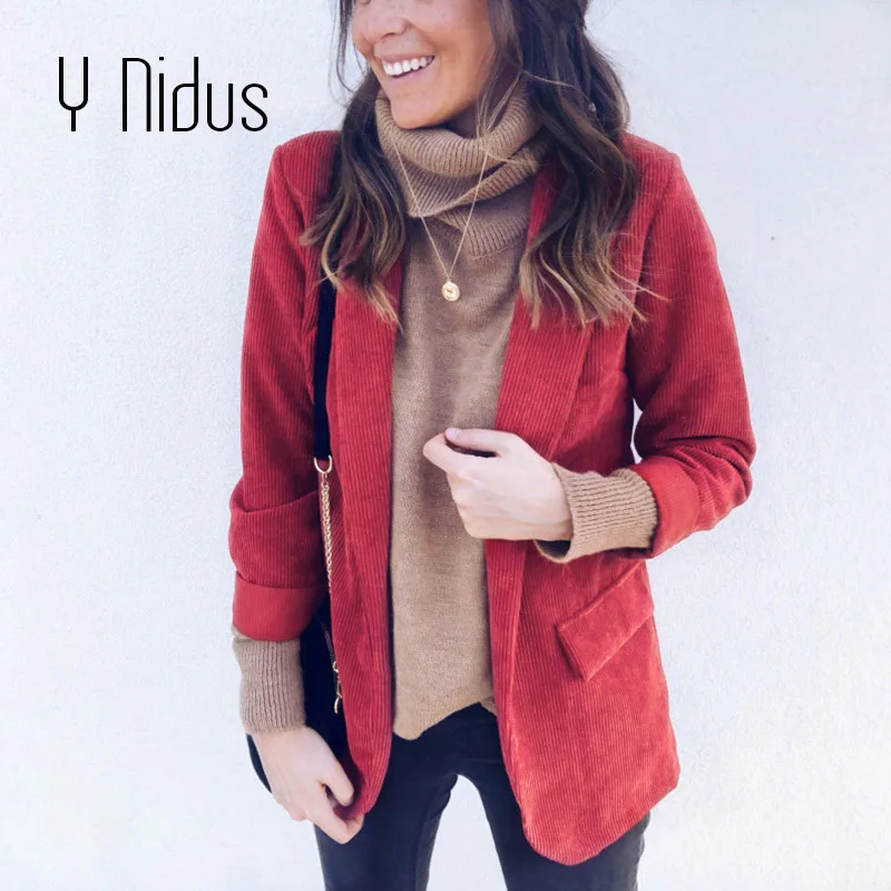 

Slim Blazers Women Winter Corduroy Suit Jacket Female Office Lady Suit None Button Notched Blazer Fashion Workwear Coat Zevrez