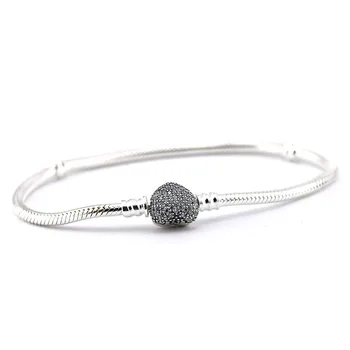 

Fits European Brand DIY Accessories Jewelry 925 Sterling Silver Pave Heart Clasp Bracelet Snake Chain Charm Bracelets For Women