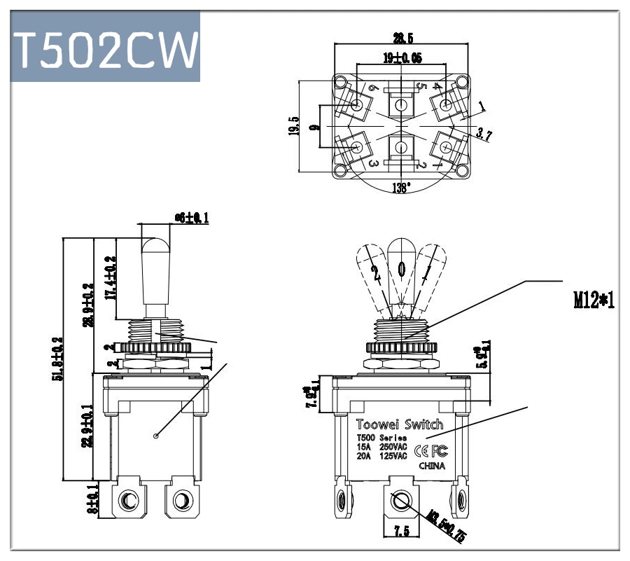 T502CW 6 контактов ВКЛ-ВЫКЛ-ВКЛ переключатель/Toowei T500 серии водонепроницаемый тумблер IP67/наружный выключатель/15A 250 В