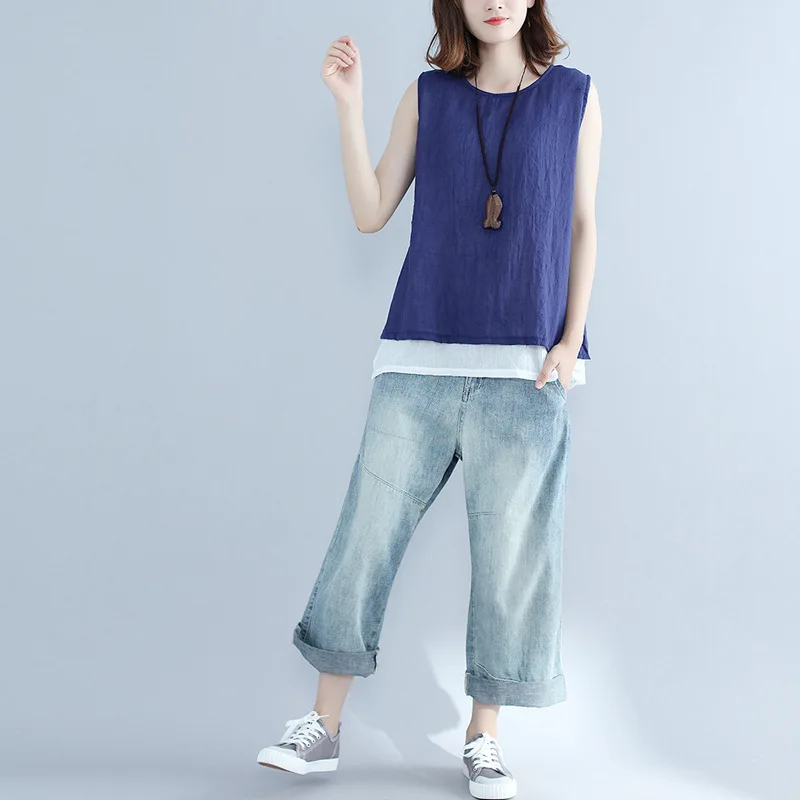 

Summer Loose Simple Solid Vest Top Femme Loose Patchwork Hem Comfy Cotton Linen Sleeveless Shirt Woman Leisure Tank Tops 2018